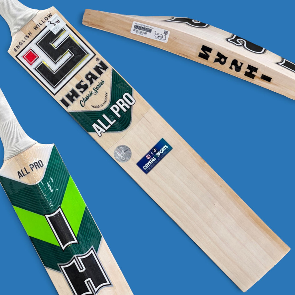 Ihsan All Pro English Willow cricket bat, classic concave profile shaped for bat speed